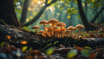 Group of Mushrooms Growing on Log in a Lush Forest Setting photo