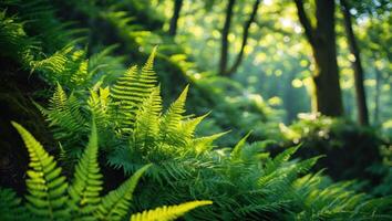 Fern Growing in Shaded Forest with Sunlight Streaming Through Trees photo