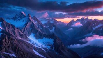 Majestic Mountains at Dusk View with Snow and Cloud Formations photo