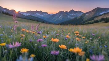 Wildflower Meadow with Mountain Range Backdrop at Sunrise or Sunset photo