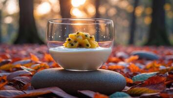 Elegant Dessert with Passion Fruit Topping Surrounded by Autumn Leaves photo