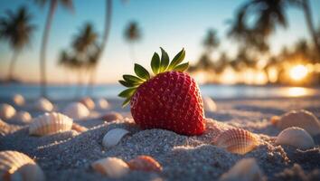 Strawberry Relaxing on Sandy Beach with Palm Trees and Sunset Glow photo
