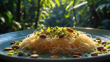 Sweet Dessert on Plate Topped with Nuts in Natural Setting photo