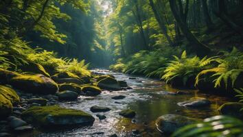 Tranquil River Flowing Through Forest with Moss Covered Rocks photo