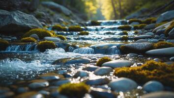 Flowing Stream Water Through Mossy Rocks Landscape in Peaceful Forest Setting photo