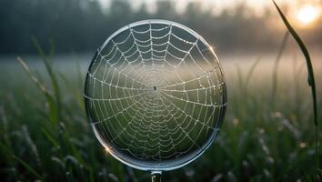 Dew Covered Spiderweb in Clear Ball Resting in Grassy Field photo