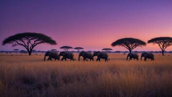 Elephants Walking Across Savannah at Twilight with Acacia Trees photo