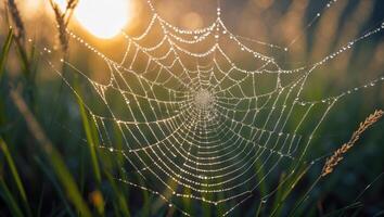 Spiderweb Covered with Dew Drops in Morning Sunlight Through Tall Grass photo