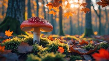 Red Mushroom in Autumn Forest with Falling Leaves and Sunlight photo