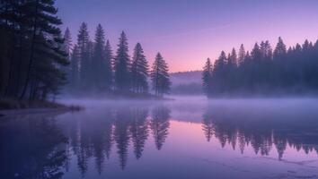 Calm Lake Reflecting Forest Trees at Dusk with Soft Mist photo