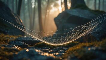 Spiderweb with Dew Drops in Forest During Sunrise photo