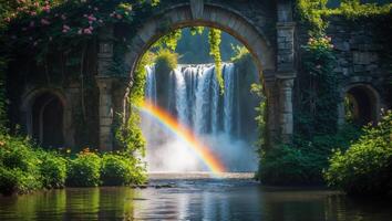 Waterfall and Rainbow with Stone Archway in Lush Green Setting photo
