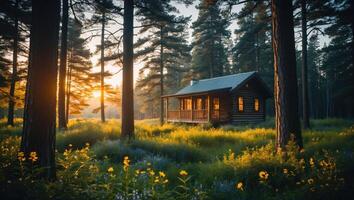 Log Cabin in Forest Clearing with Sunlight Streaming Through Trees photo