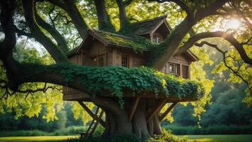 Enchanting Treehouse Nestled Among Large Branches in a Lush Green Forest photo