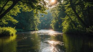 River Flowing Through Green Forest with Birds Flying at Sunset photo
