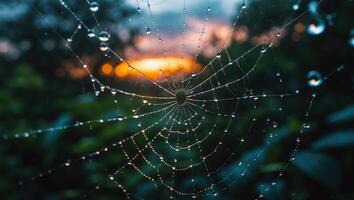 Spiderweb with Water Droplets Sparkling at Dusk in Greenery photo