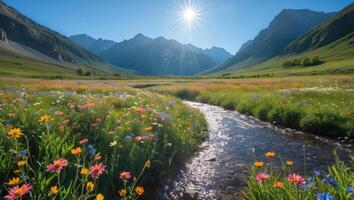 Flowing Stream Through Wildflower Meadow in Mountain Valley Under Sunlight photo