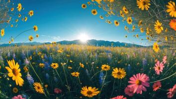 Wildflower Meadow Blooming Under a Bright Sky with Distant Mountains photo