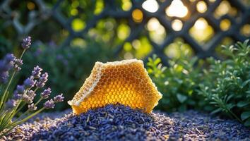 Honeycomb Piece Resting on Dried Lavender Petals with Sunlight photo