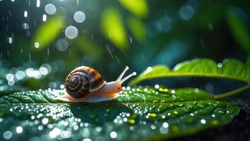 Snail Crawling on Wet Leaf During Gentle Rain in the Garden photo