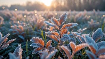 Frost Covered Field at Sunrise with Winter Leaves and Ice Crystals photo