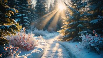Snowy Path Through Winter Forest with Sun Rays Shining Through Trees photo