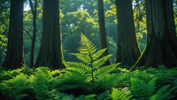 Fern Growing in Forest with Sunlight Streaming Through Tall Trees photo