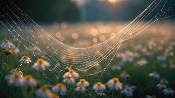 Spiderweb with Dew Drops in a Field of White Flowers photo