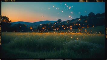 Meadow at Dusk with Warm Lights and Rolling Hills Landscape photo