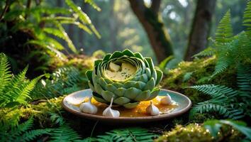 Prepared Artichoke with Garlic on Plate in Forest Setting photo