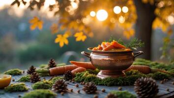 Presenting Carrot Stew in Rustic Copper Pot Amid Autumn Setting photo