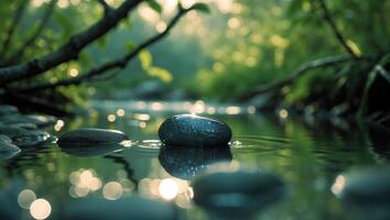 Stone in River Reflecting Sunlight Creating Serene Nature Scene photo