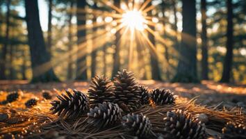 Pine Cones Gathering on Forest Floor with Sunlight Streaming Through Trees photo