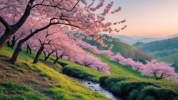 Blossoming Cherry Trees Along Flowing Stream in Green Hilly Landscape photo