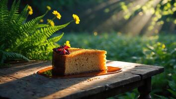 Cake Slice on Rustic Table in Sunlight Outdoor Garden Setting photo