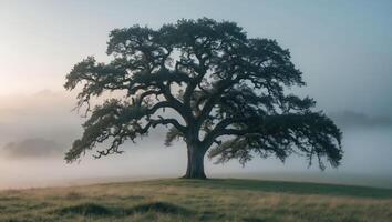 Solitary Tree Standing in Foggy Meadow with Early Morning Light photo