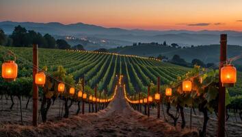 Walking Path in Vineyard at Sunset with Glowing String Lights photo