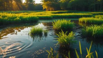 Marshland Serenity Green Grass Tufts Reflecting on Pond Water Surface photo