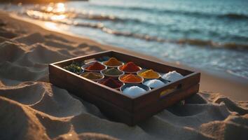Colorful Spices Displayed on Tray at Beach Against Ocean Backdrop photo