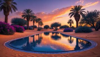 Swimming Pool Reflection at Sunset in Desert Oasis with Palm Trees photo