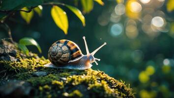 Snail Crawling on Moss Covered Surface with Green Bokeh Background photo