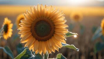Sunflower Field at Dawn with Dew Drops Sparkling in Sunlight photo