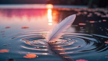 Feather Floating Gently on Water Surface at Sunset Creating Ripples photo
