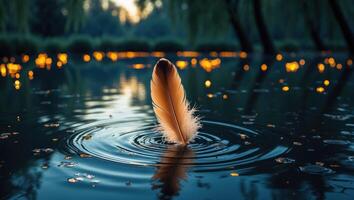 Feather Floating Gently on Water Creating Ripples at Dusk photo