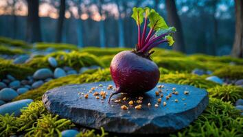 Fresh Beet on Stone Slab in Mossy Garden Setting photo