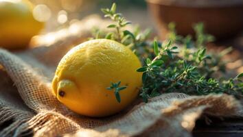 Lemon and Thyme Still Life on Burlap Sack with Soft Light photo