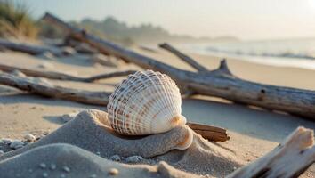 Seashell Resting on Sand with Driftwood at Beach on Sunny Day photo