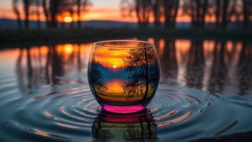 Sunset Landscape in Glass on Water Creating a Ripple Effect photo
