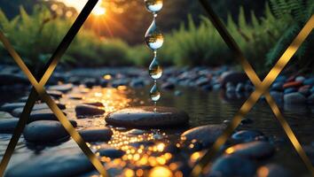 Water Droplets Falling on Stone in Stream Reflecting Golden Sunset photo