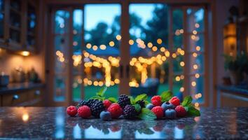 Mixed Berries on Kitchen Counter with String Lights Background at Dusk photo
